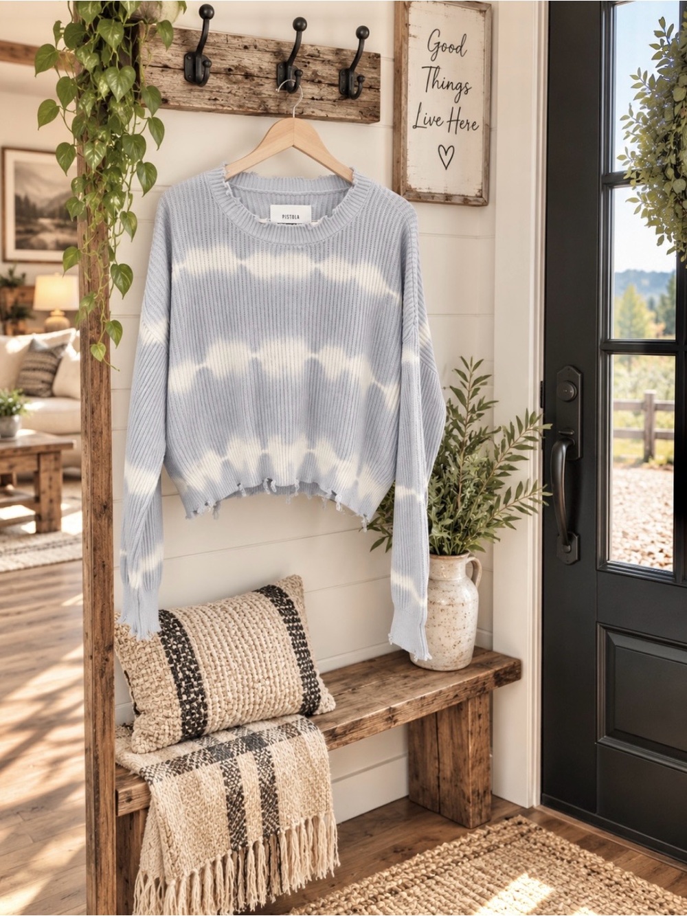 Pistola - Baby Blue & White Ribbed Tie-Dye Cropped Crew Sweater - oversized